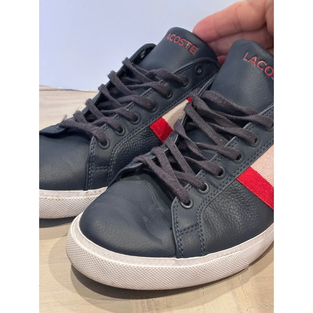 Lacoste Grad Vulc 120 2 P Mens Navy Blue Leather Striped Sneakers Size 8 Preppy